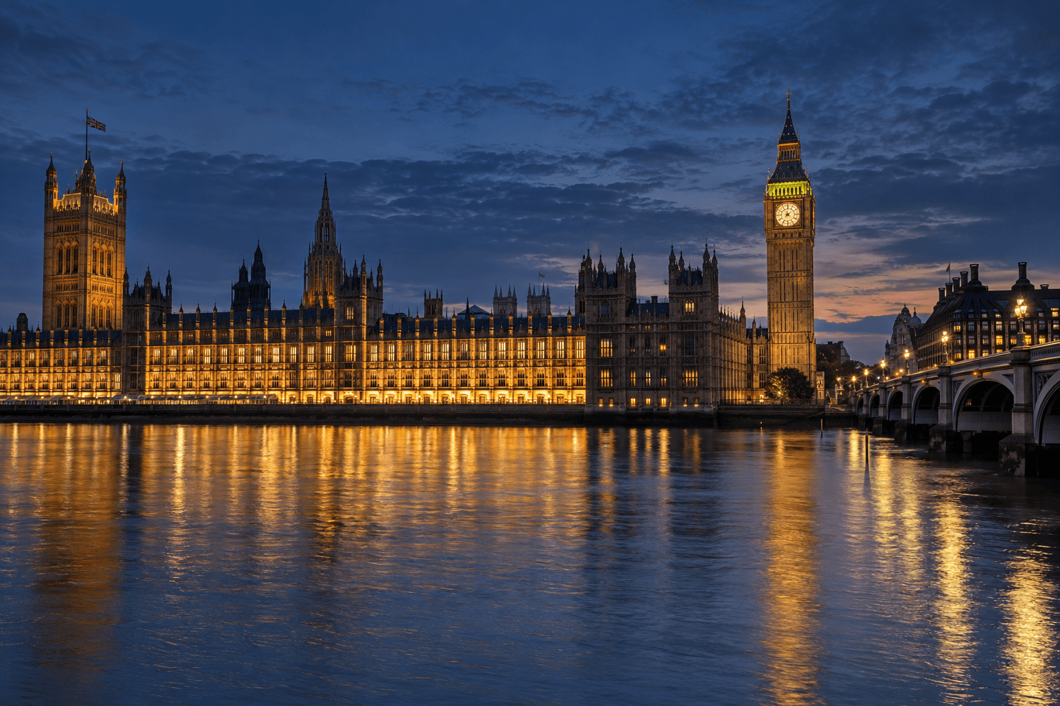 London-inspired skyline at blue hour